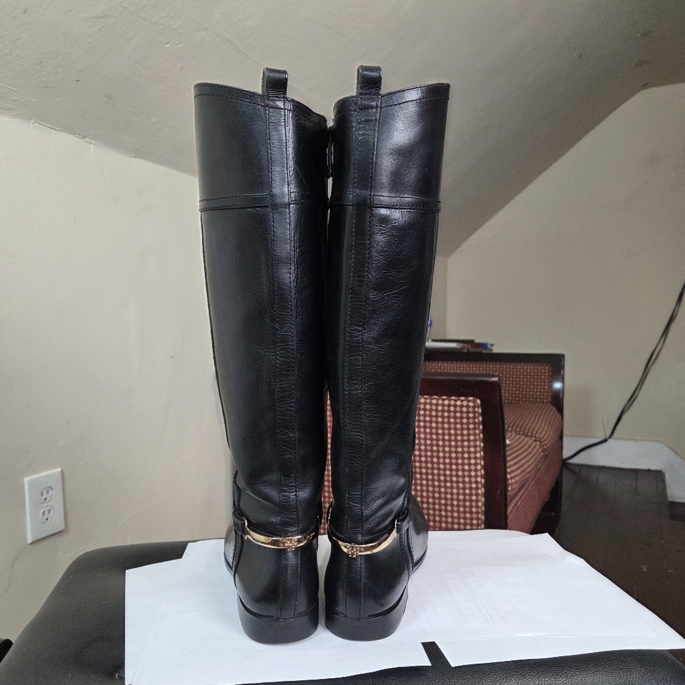 Tory Burch Black Leather Riding Boots 7.5M Gold Logo Hardware Equestrian Tall - Picture 14 of 15